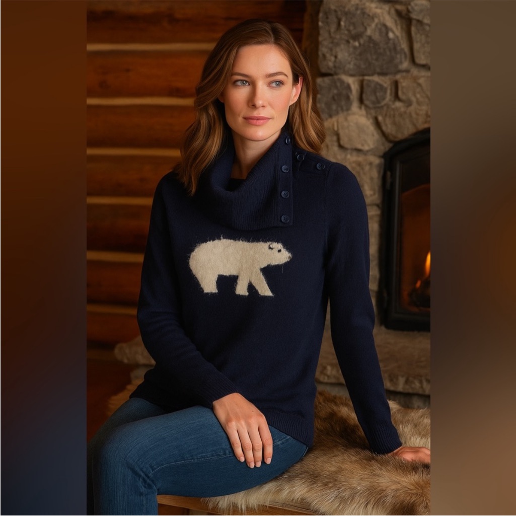 Talbots Lambswool Rabbit Hair Blend Polar Bear Instarsia Button Collar Sweater